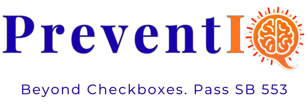 PreventIQ logo with orange brain icon and tagline “Beyond Checkboxes. Pass SB 553” – SB 553 workplace violence prevention training for California hotels.